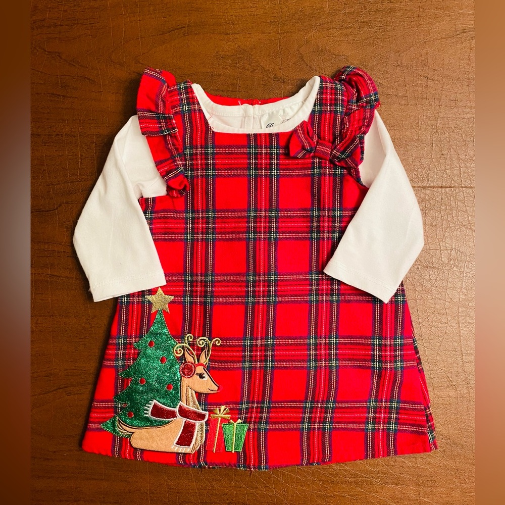 Rare Editions Plaid Christmas Dress with Reindeer and Tree Appliqué